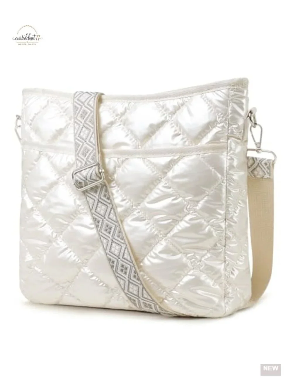 Quilted Crossbody Bag with Adjustable Patterned Strap, Puffer Shoulder Bag for